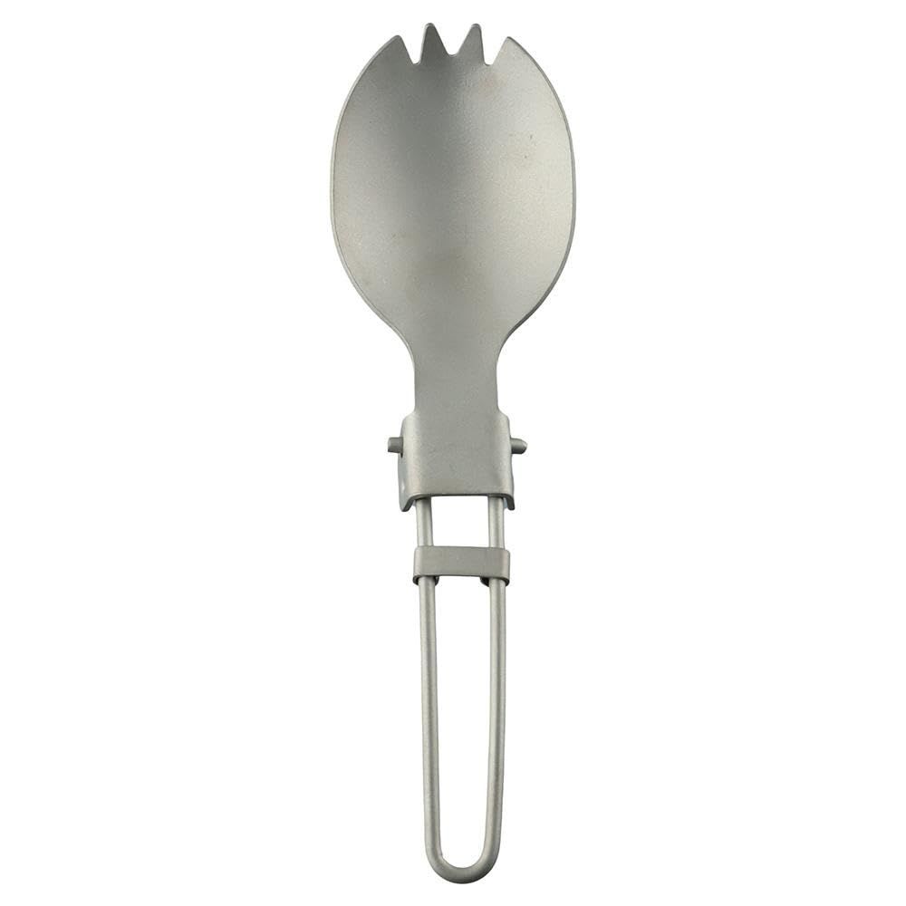Ultralight titanium camping spoon and folding fork from Everything Baby, compact outdoor utensils with toothed spoon for camping.