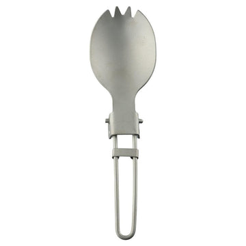 Ultralight titanium camping spoon and folding fork from Everything Baby, compact outdoor utensils with toothed spoon for camping.