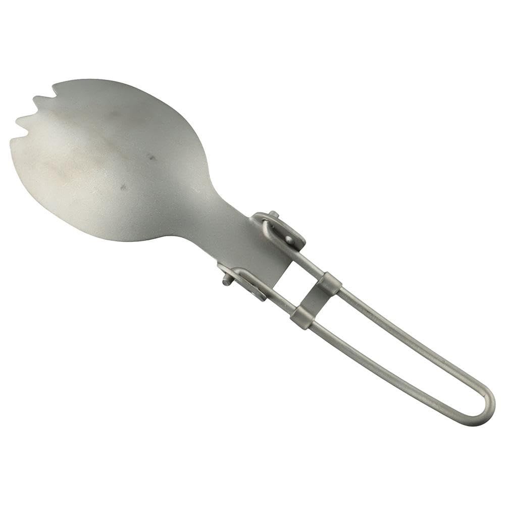 Ultralight titanium camping spoon and folding fork set by Everything Baby, compact outdoor utensils with a toothed spoon for camping.