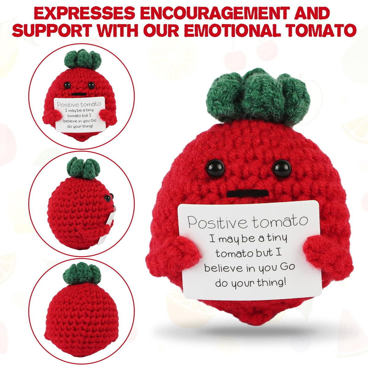 Cute 3-inch crochet tomato doll by Everything Baby, perfect for kids' toys, cheer-up gifts, and party decorations.