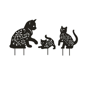 Set of three black metal cat silhouette garden stakes for outdoor yard and patio decoration, ideal for lawn and garden decor.