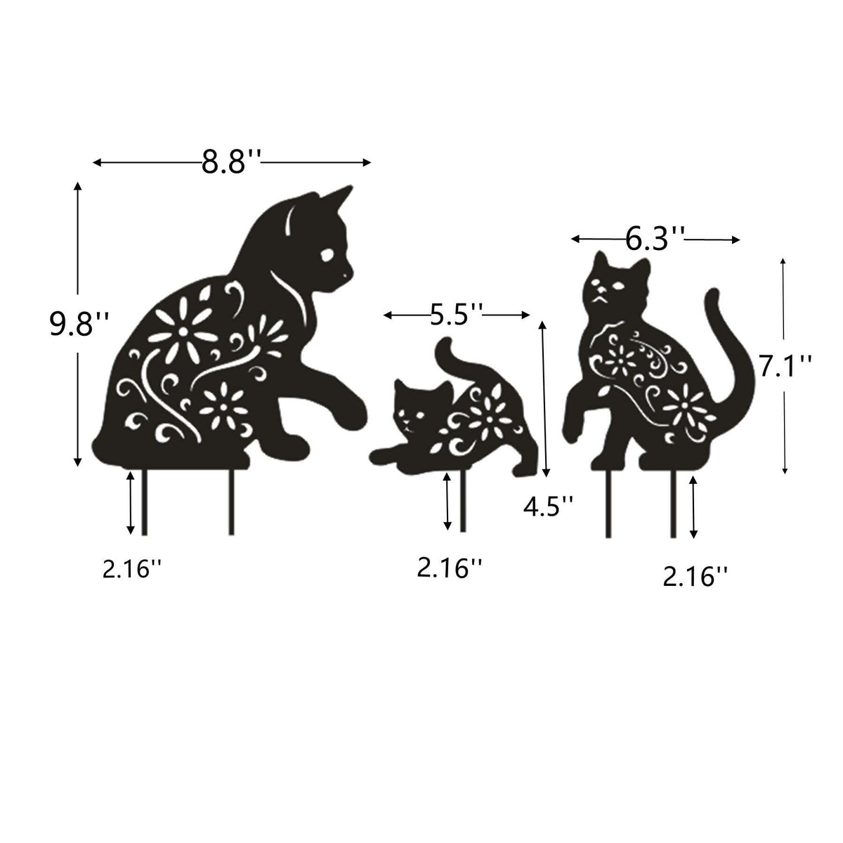 Set of three black metal garden stakes with cat silhouette designs, decorative yard and outdoor lawn ornaments for garden decor.