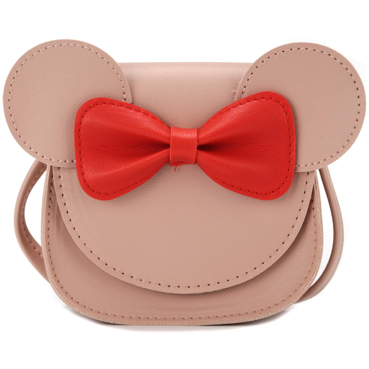 Cute pink kid's shoulder purse with bowknot and cartoon mouse ears, made of PU, perfect for little girls.