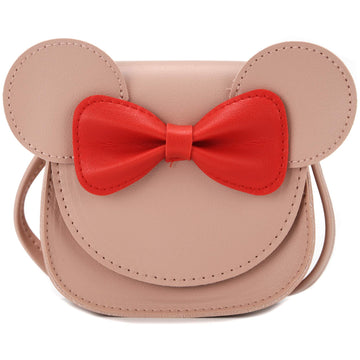 Cute pink kid's shoulder purse with bowknot and cartoon mouse ears, made of PU, perfect for little girls.