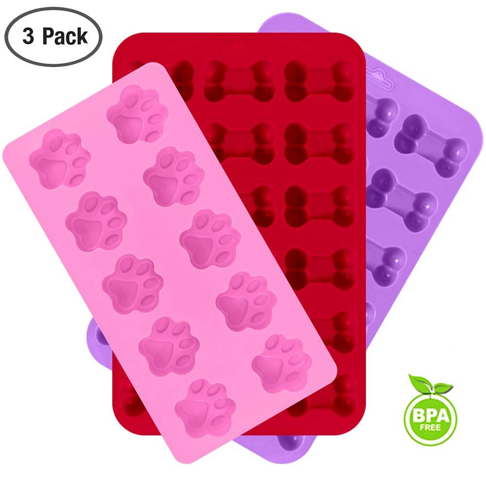 Colorful baby and kids paw and bone-shaped bakeware set in pink, red, purple for baking chocolate and candy, dishwasher safe.