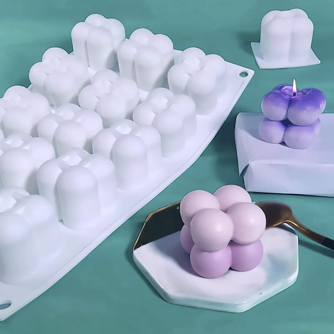 Silicando bubble candle silicone mold for handmade soy wax and resin candles, mini bubble cube and ball shapes for pretend play.