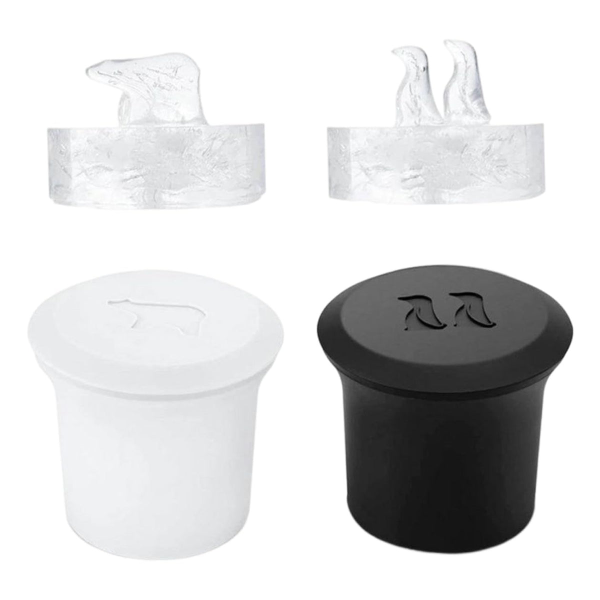 Two 3D silicone ice cube trays with polar bear and penguin shapes for whiskey and cold drinks, by Everything Baby.