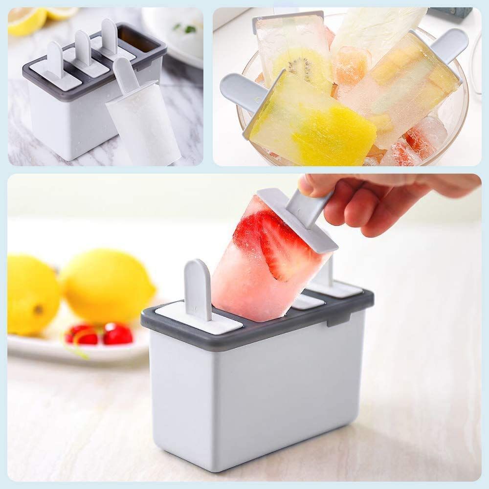 Reusable popsicle molds with four cavities for easy release, perfect for making homemade ice pops for kids.