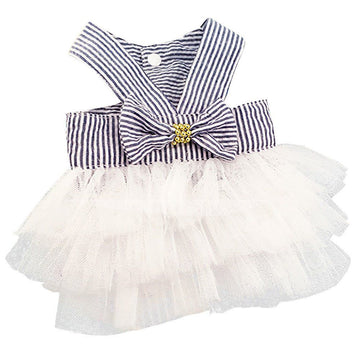 Cute striped mesh puppy dress with tutu skirt and halter, perfect for small dogs or puppies, in a princess style by Everything Baby.