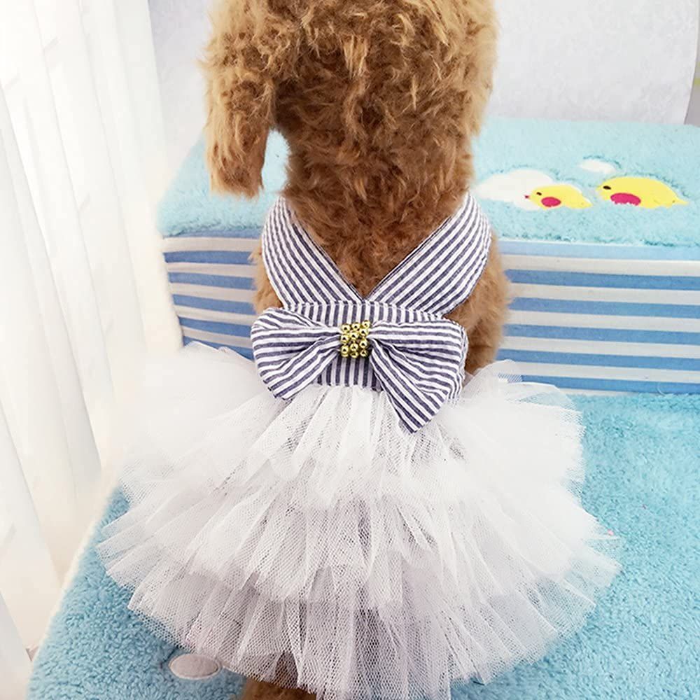 Striped mesh puppy dog princess dress with halter tutu, large dog costume, cute pet clothing for small dogs, girl-themed dog dress