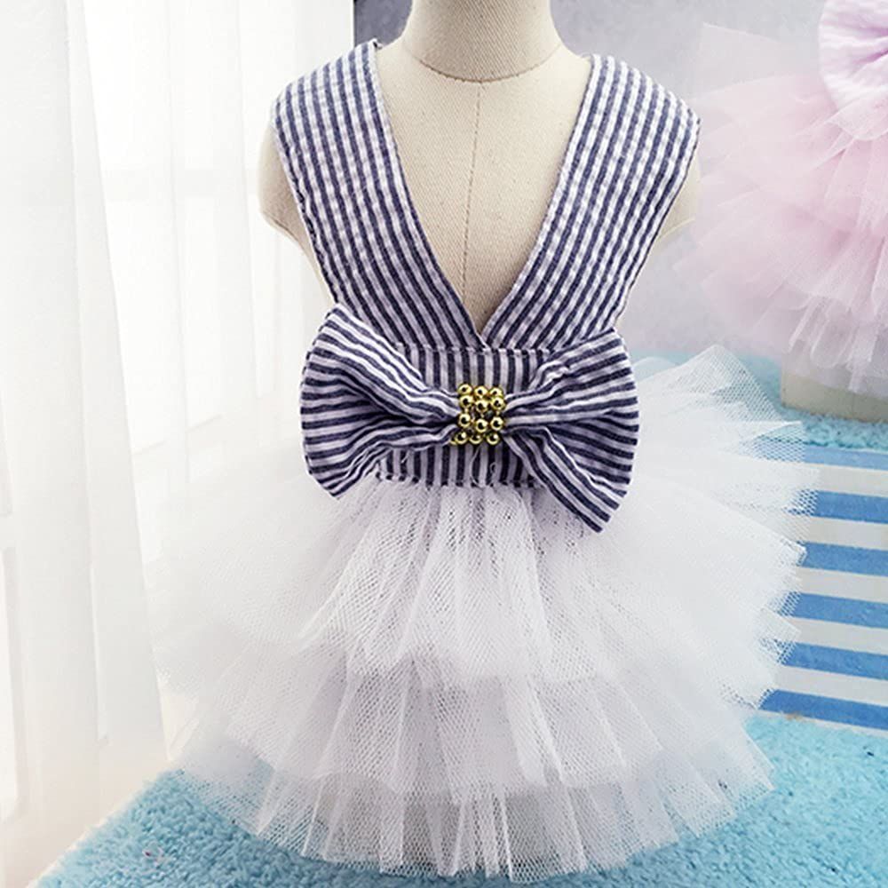 Cute striped mesh puppy dress with tutu and halter for small dogs, featuring a princess style harness and adorable design.