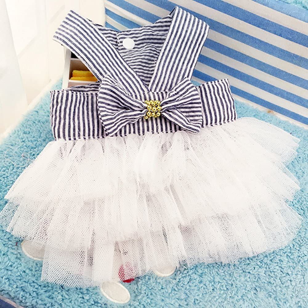 Striped mesh puppy dog princess dress with halter tutu, large dog costume, cute pet harness, suitable for small dogs and puppies.