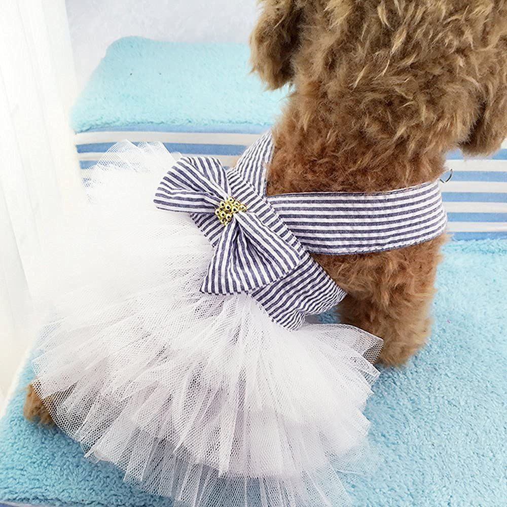 Striped mesh puppy dog princess dress with halter tutu for small dogs, featuring a cute harness and large dog costume style.