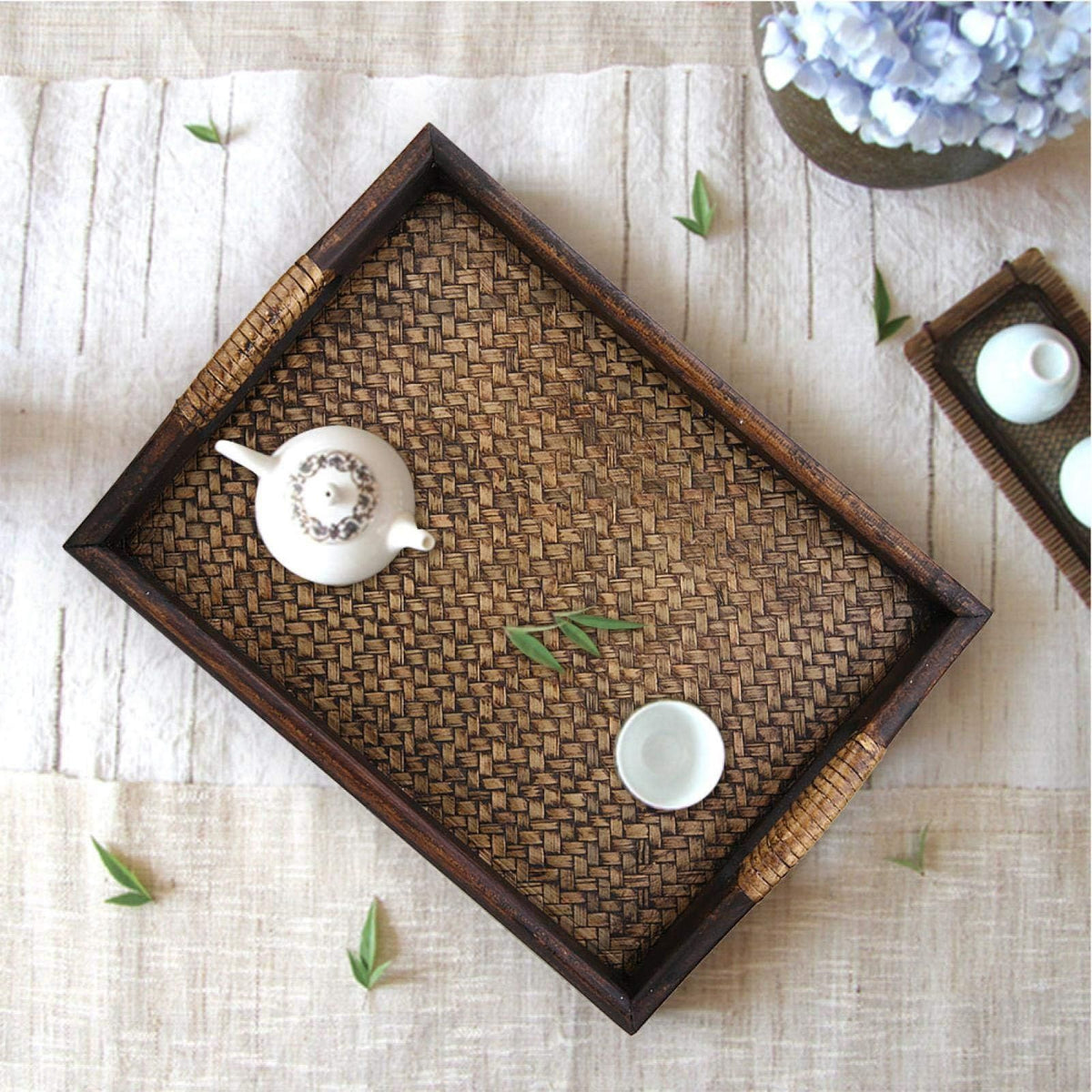 Wooden handle service tray with natural finish, ideal for kids' pretend play and tea parties, suitable for sofa or coffee table use.