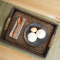 Wooden handle service tray with decorative design, ideal for baby and kid's pretend play and toy food service.
