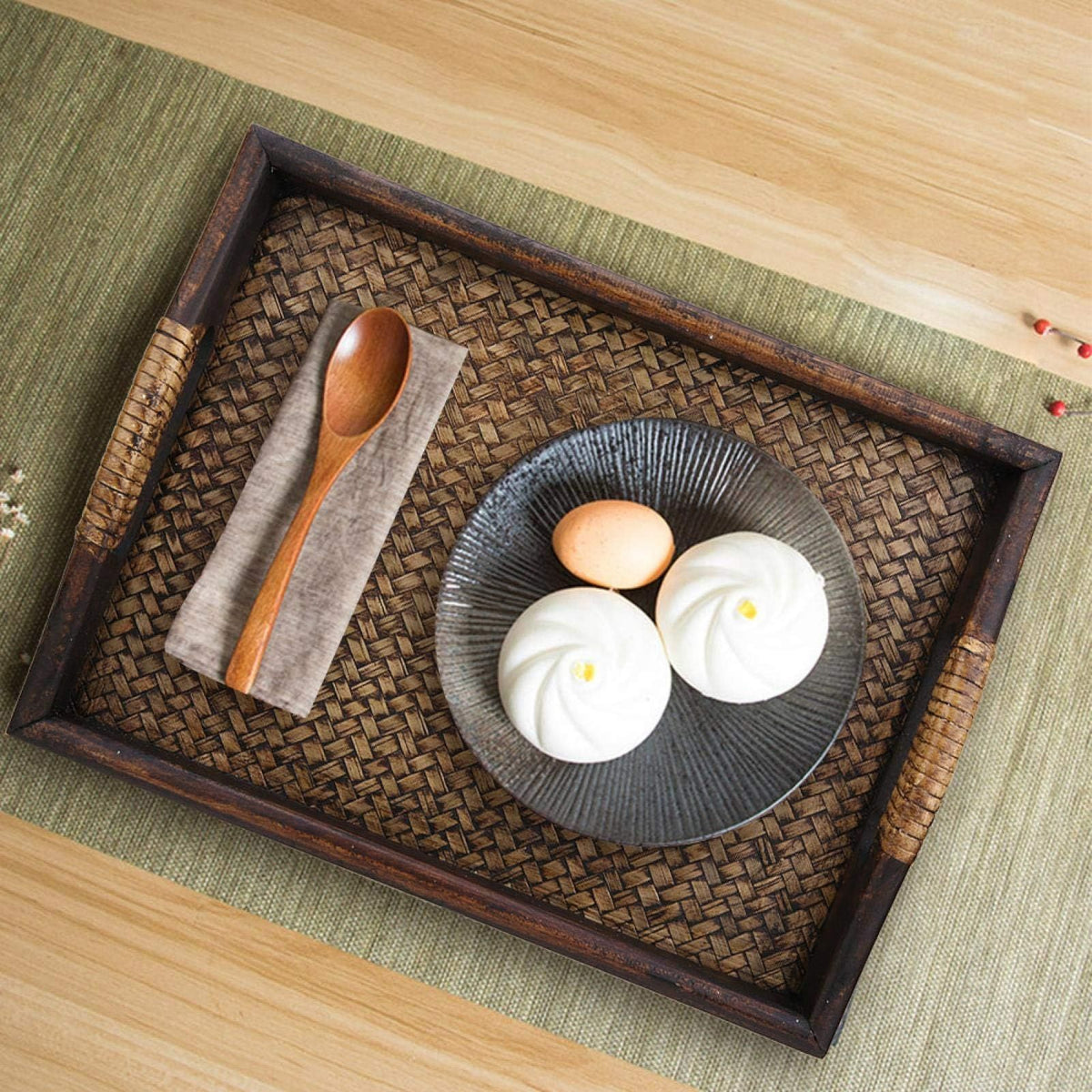 Wooden handle service tray with decorative design, ideal for baby and kid's pretend play and toy food service.