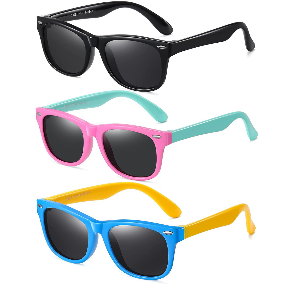 Kids sunglasses set with polarized lenses, flexible frames, and UV protection for ages 4-9, in colorful styles for girls and boys.