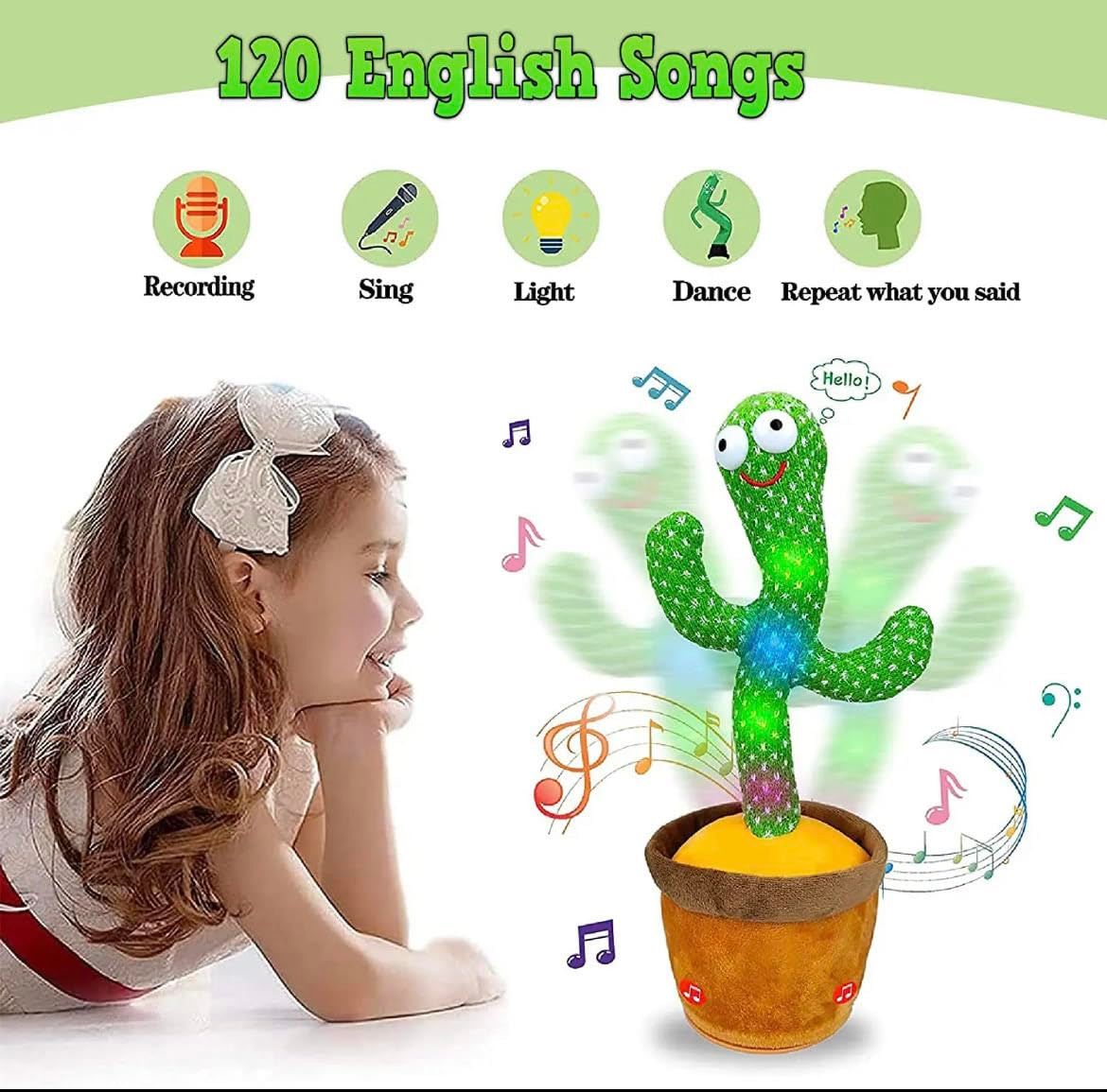 Colorful dancing cactus toy from Everything Baby with rechargeable sounds and 120 English songs, suitable for children, adults, and pets.