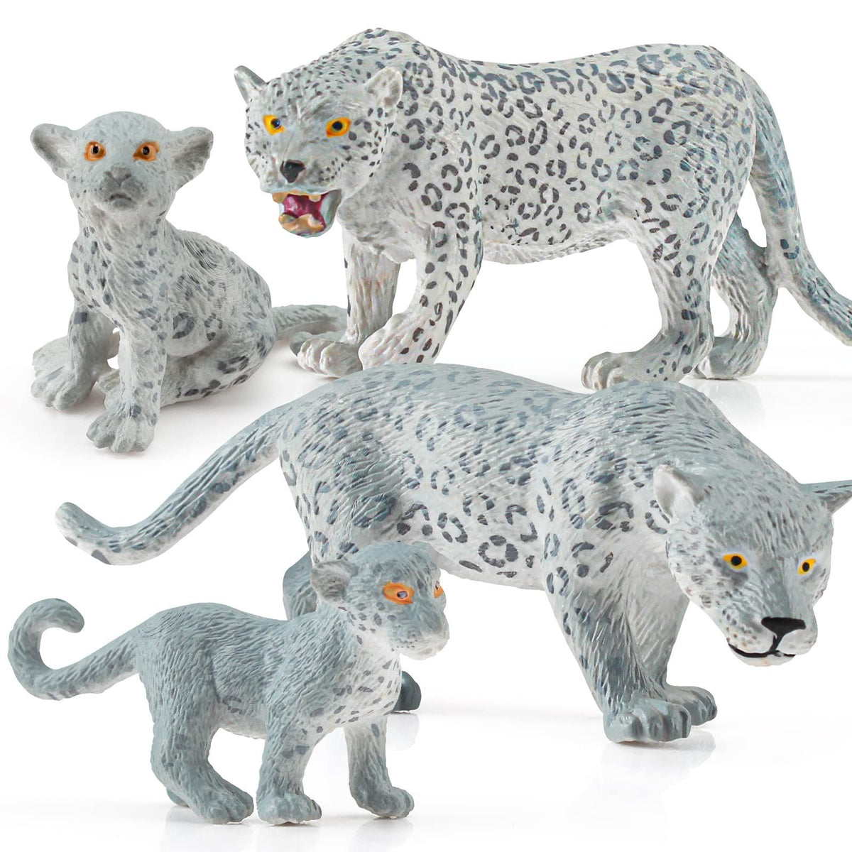 Four Wild Life Jungle Animal Model Figures set featuring snow leopards and forest animals for kids' pretend play and educational fun.