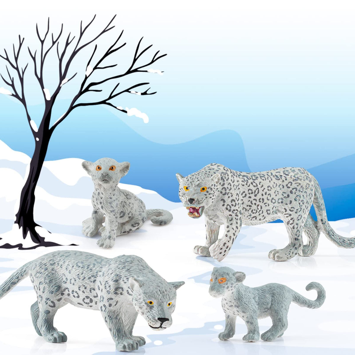 Set of four Wild Life Jungle Animal Figures featuring snow leopards for kids' pretend play, educational and playful forest toys.