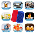 Blue and red Tiny Cavity silicone ice cube trays by Everything Baby, stackable small molds for freezers and cocktails.