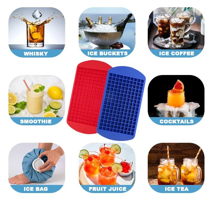 Blue and red Tiny Cavity silicone ice cube trays by Everything Baby, stackable small molds for freezers and cocktails.