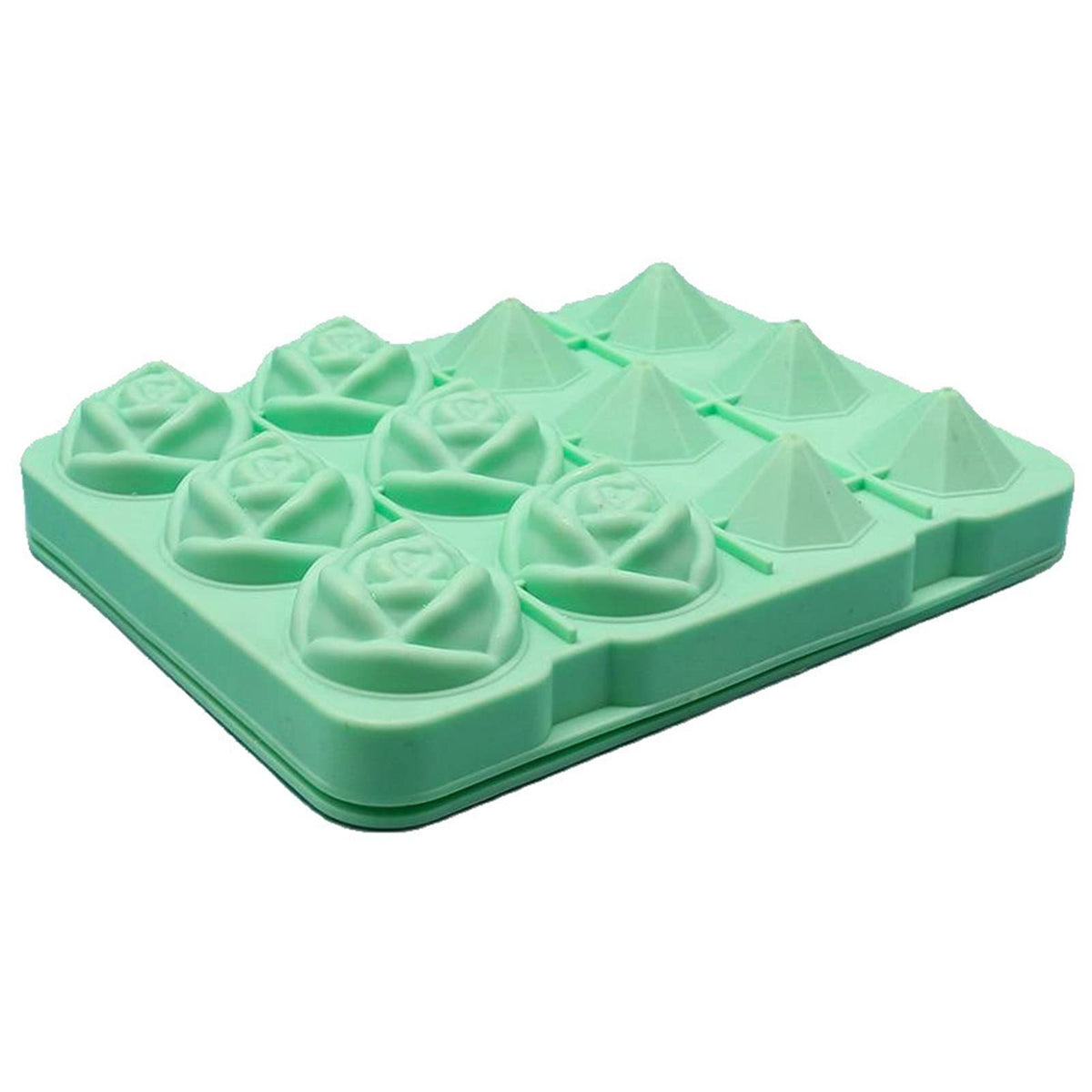 Two rose flower-shaped silicone ice cube molds with lids, reusable ice and ice cream maker tools for baby feeding and kitchen use.