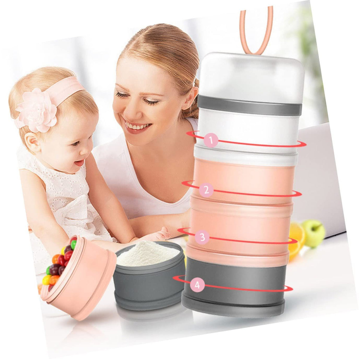 Portable BPA-free baby formula dispenser with stackable compartments for on-the-go feeding and snacks for babies and kids.