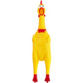 Large yellow rubber screaming chicken toy for dogs, squeaky prank noise maker, suitable for playful pet and pretend play.