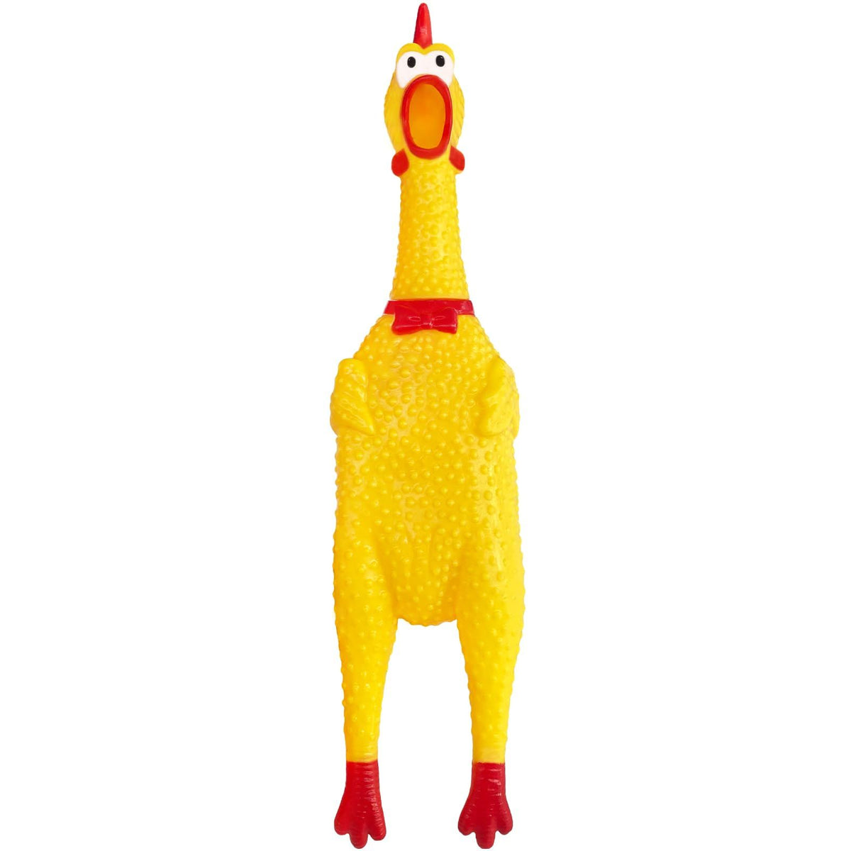 Large yellow rubber screaming chicken toy for dogs, squeaky prank noise maker, suitable for playful pet and pretend play.