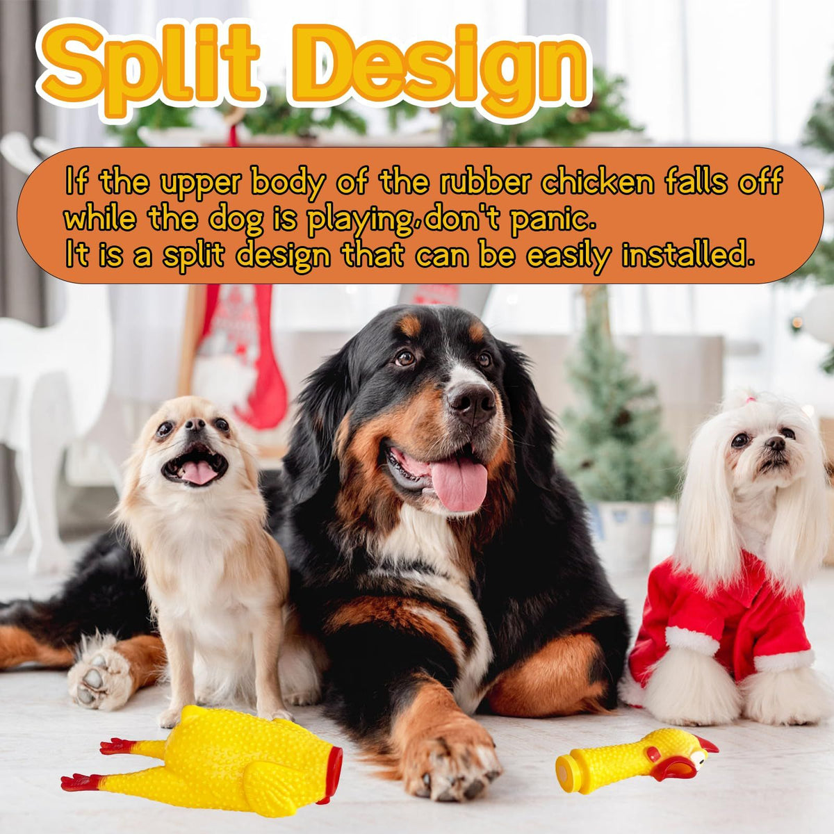 Yellow rubber screaming chicken toy with squeaky sound, designed for dogs and pretend play, featuring realistic squawking noise.