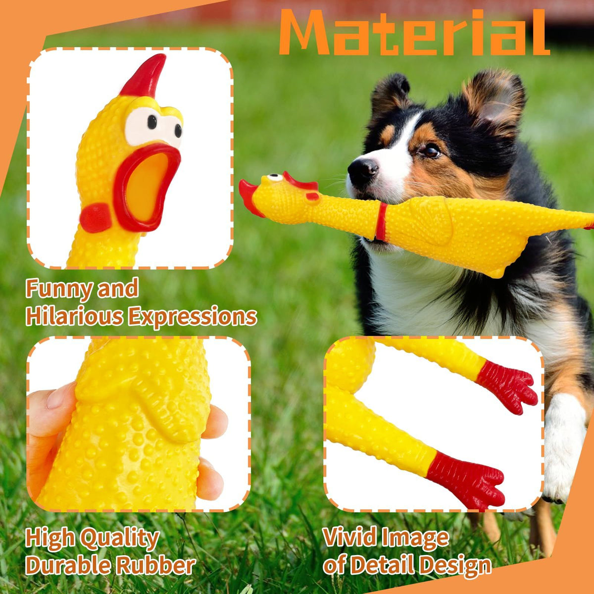 Large yellow rubber screaming chicken toy with squeaky sound, ideal for pretend play and dog fun, by Everything Baby.