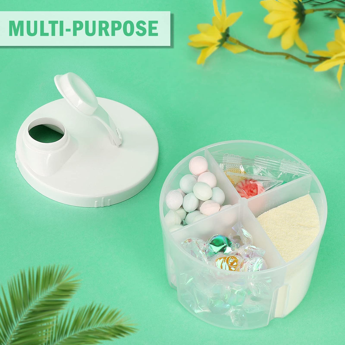 Non-spill rotating four-compartment formula container by Everything Baby, portable milk powder and snack container for infants and toddlers.