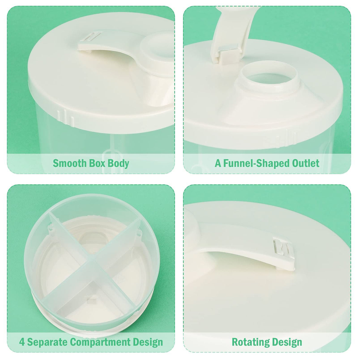 Non-spill rotating four-compartment baby formula container with lid for infant and toddler milk powder or snacks, portable travel design