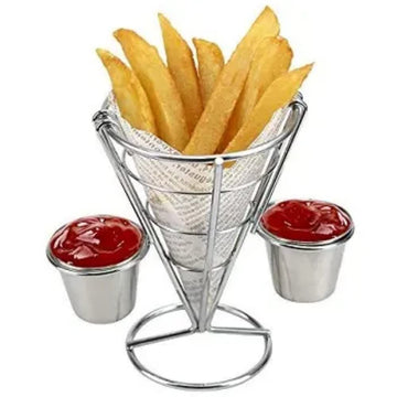 Metal wire cone-shaped basket with dipping sauce for snacks, ideal for kitchen and family gatherings, suitable for baby and kids' feeding.