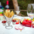 Metal wire basket shaped like a potato chip cone with dipping sauce holder, ideal for snacks and family gatherings.
