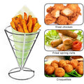 Shaped metal wire basket for serving potato chips and snacks with dipping sauce, ideal for kitchen and family gatherings.