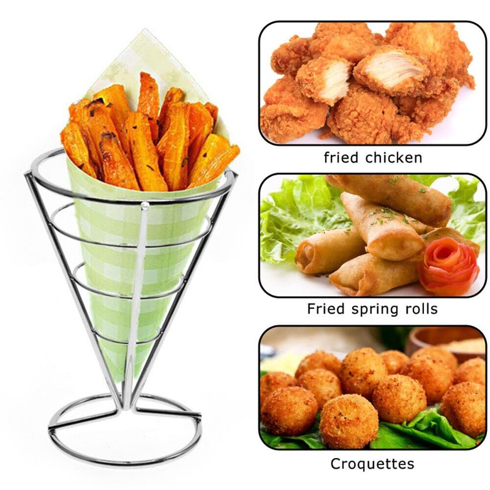 Shaped metal wire basket for serving potato chips and snacks with dipping sauce, ideal for kitchen and family gatherings.