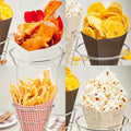 Metal wire cone-shaped basket with dipping sauce for snacks, ideal for kitchen, family gatherings, and kids' feeding.