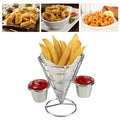 Metal cone-shaped wire basket with dipping sauce for snacks, ideal for kitchen and family gatherings, by Everything Baby.