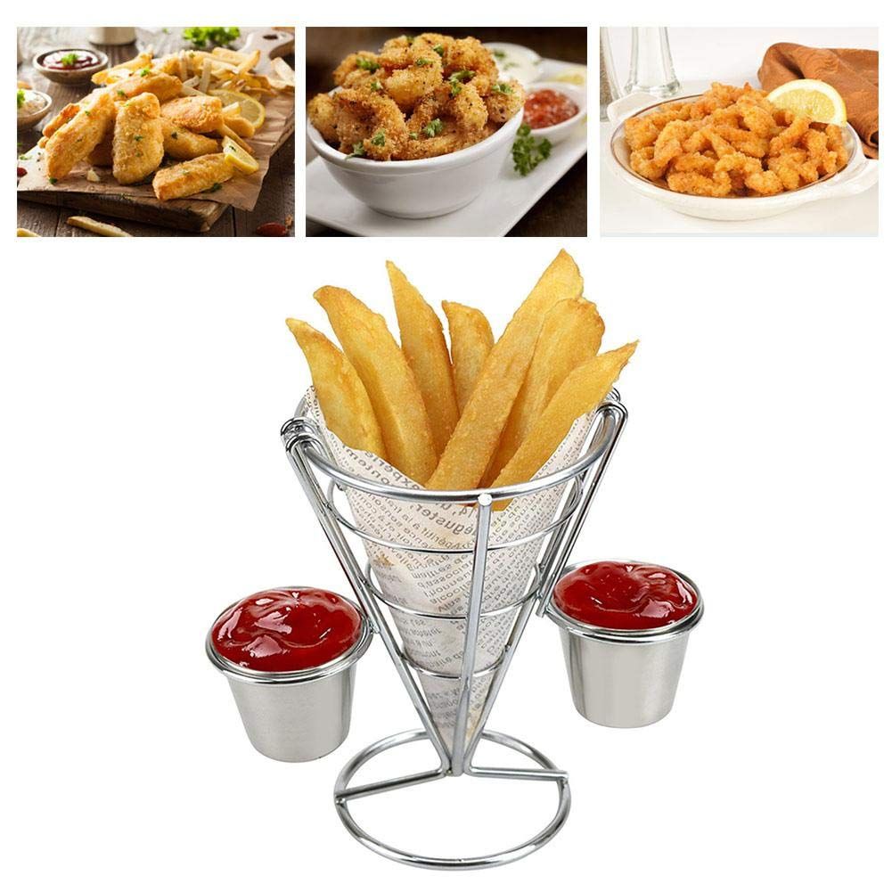 Metal cone-shaped wire basket with dipping sauce for snacks, ideal for kitchen and family gatherings, by Everything Baby.