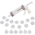 20-piece biscuit making and frosting set with biscuit press, frosting gun, and decorating tools for baking and cake decorating.