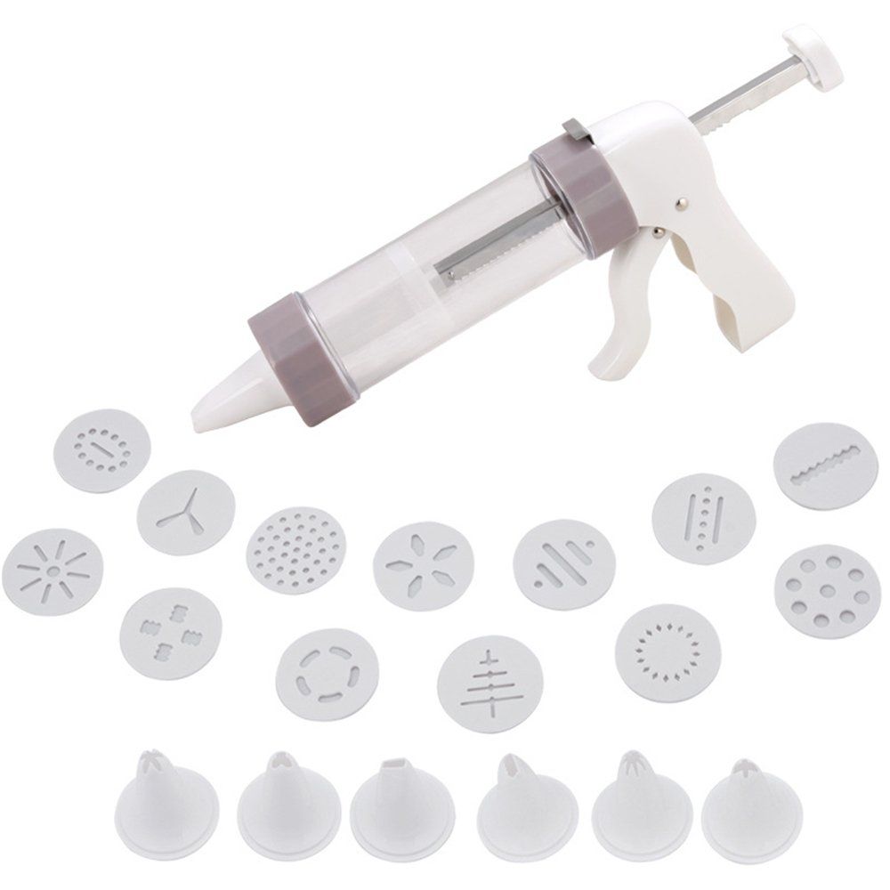 20-piece biscuit making and frosting set with biscuit press, frosting gun, and decorating tools for baking and cake decorating.