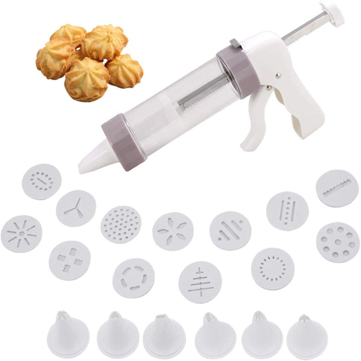 20-piece baby biscuit and frosting set with press, frosting gun, and decorating tools for baking and cake decorating.