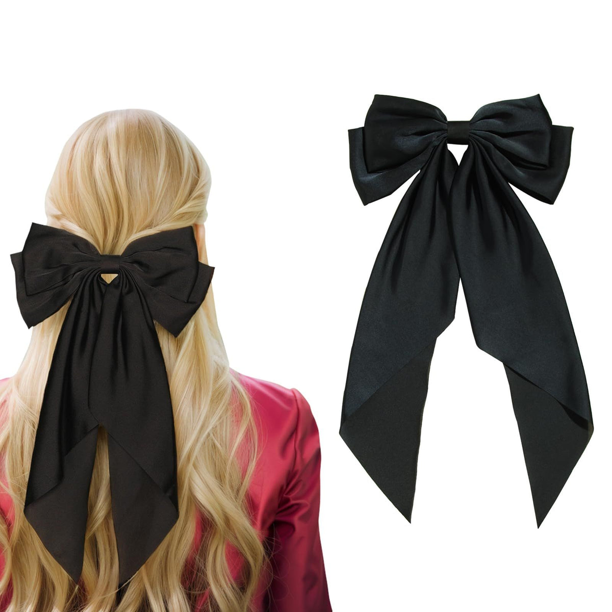 Black satin hair clips with large bow and long ribbon, ideal for girls' hair accessories and party hairstyles.