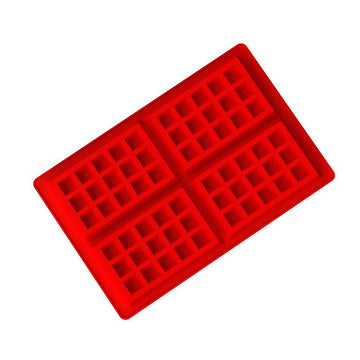 Red silicone waffle mold for baking, non-stick and dishwasher safe, used for cake, chocolate, and candy making, suitable for pretend play.