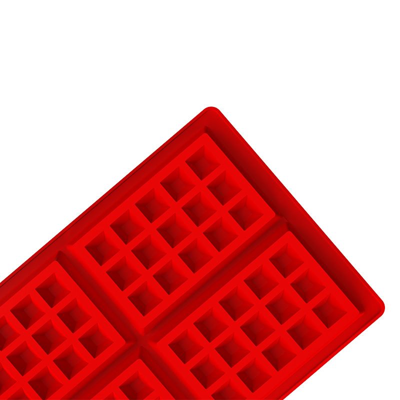 Red silicone waffle mold for baking, non-stick and dishwasher safe, ideal for cake, chocolate, and candy crafting.