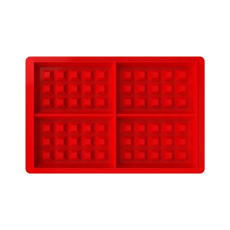 Red silicone waffle mold for baking, non-stick and dishwasher safe, ideal for cake, chocolate, and candy crafts.