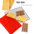 Red silicone waffle mold for baking, non-stick, dishwasher safe, perfect for cake, chocolate, or candy making in pretend play.