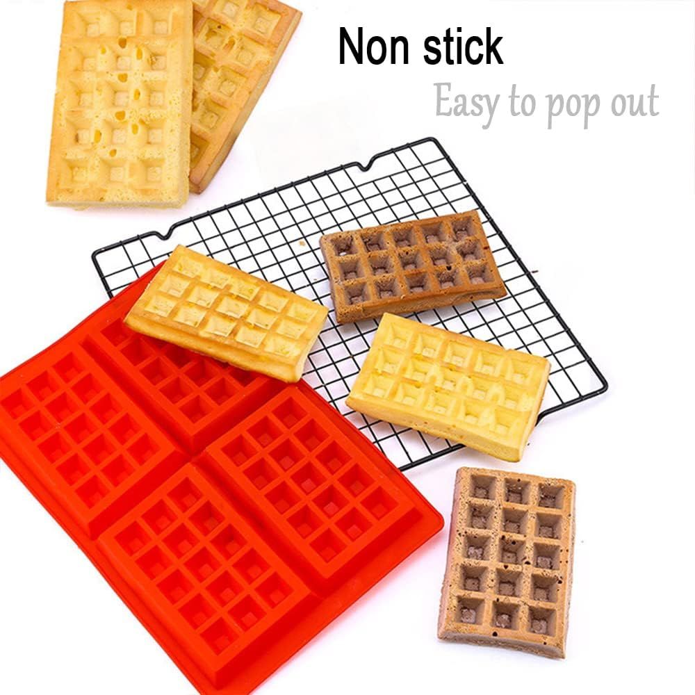Red silicone waffle mold for baking, non-stick, dishwasher safe, perfect for cake, chocolate, or candy making in pretend play.